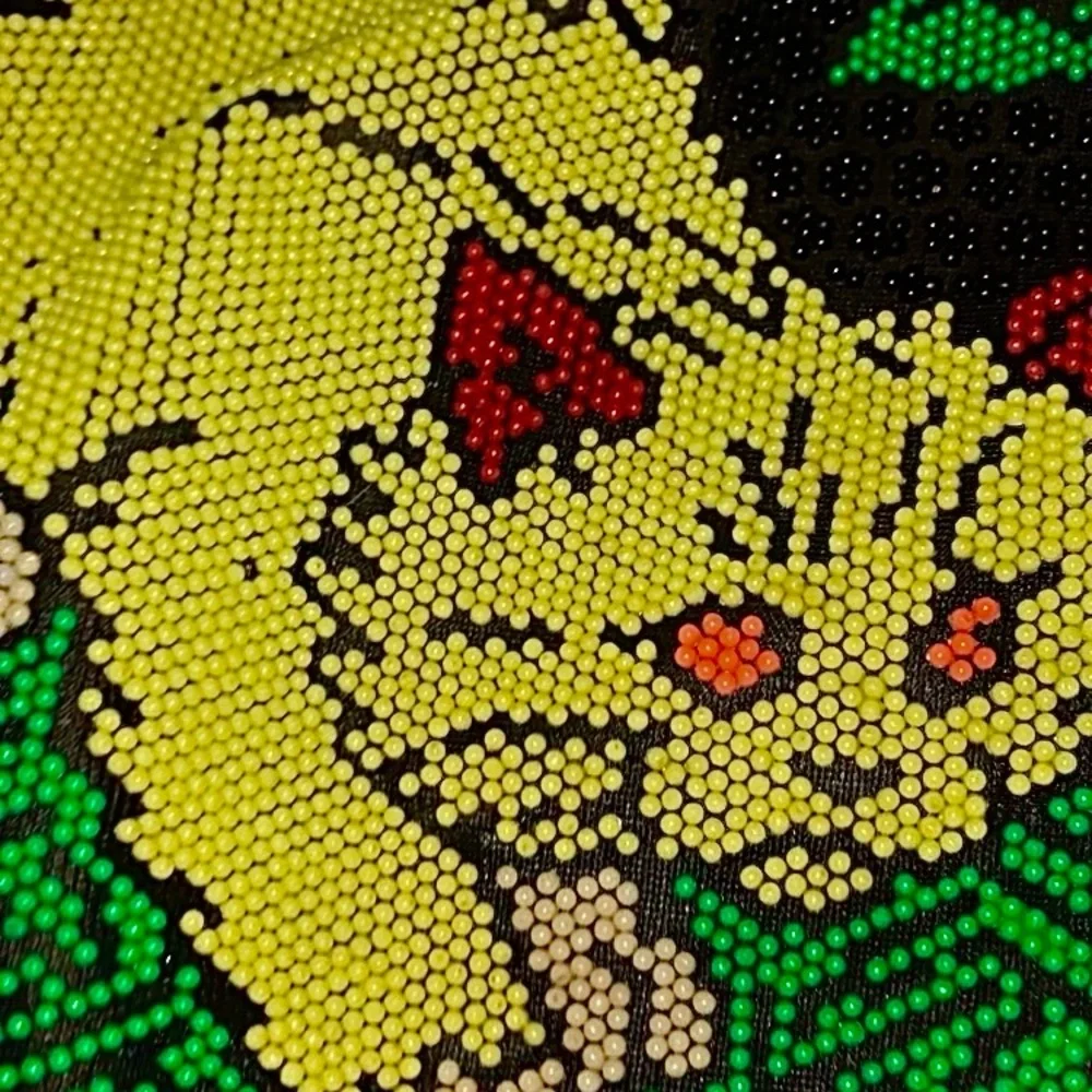 Vibrant Cat-Themed Beaded Bag with Yellow and Orange Accents